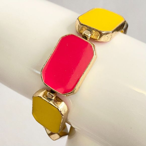Yellow And Hot Pink Stretch Bracelet Swivel Segmented Rectangles - Picture 1 of 10